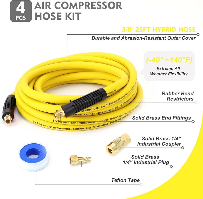 FYPower Air Compressor Hose 3/8 Inch x 25 Feet Hybrid Hose with Fittings, Flexible and Kink Resistant, 1/4" Industrial Quick Coupler and Plug Kit - Yellow - Image 2